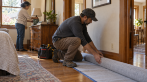 An electrician lays floor protection while a homeowner clears belongings from a room